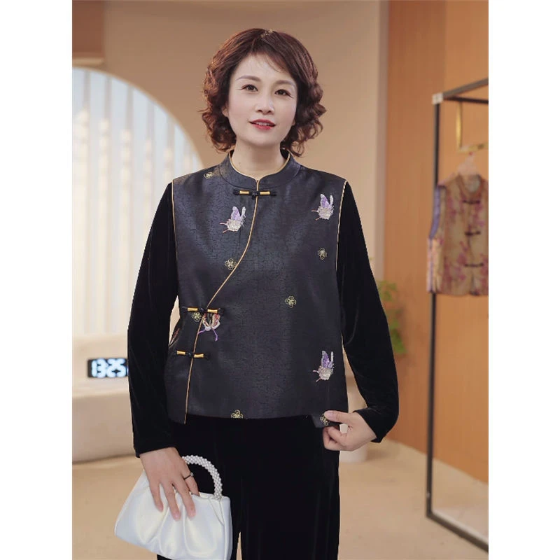 妈妈装秋装国风刺绣马甲三件套气质中老年洋气新中式套装秋季8408