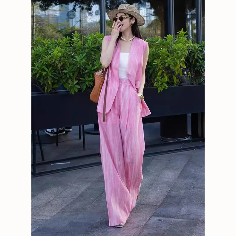 设计师款时尚洋气超好看一整套穿搭粉色亚麻西装马甲阔腿裤两件套