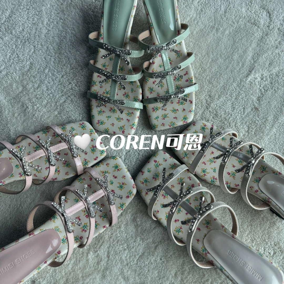 韩国小碎花~水钻蝴蝶结坡跟凉鞋外穿露趾方头凉拖配裙子高跟拖鞋