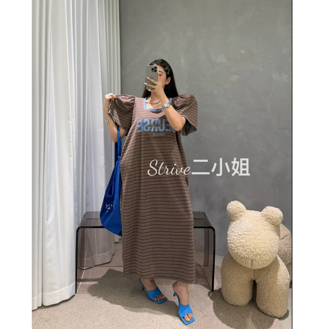 【随性派】原单泡菜订制撞色拼边字母印花条纹长T恤裙