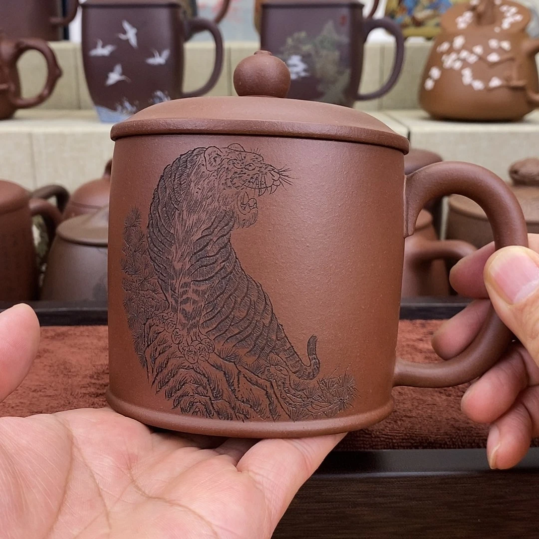 紫砂茶杯老虎紫泥粗砂盖杯