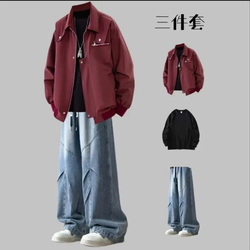 美式复古潮牌工装夹克套装青少年痞帅一整套搭配牛仔裤男装三件套