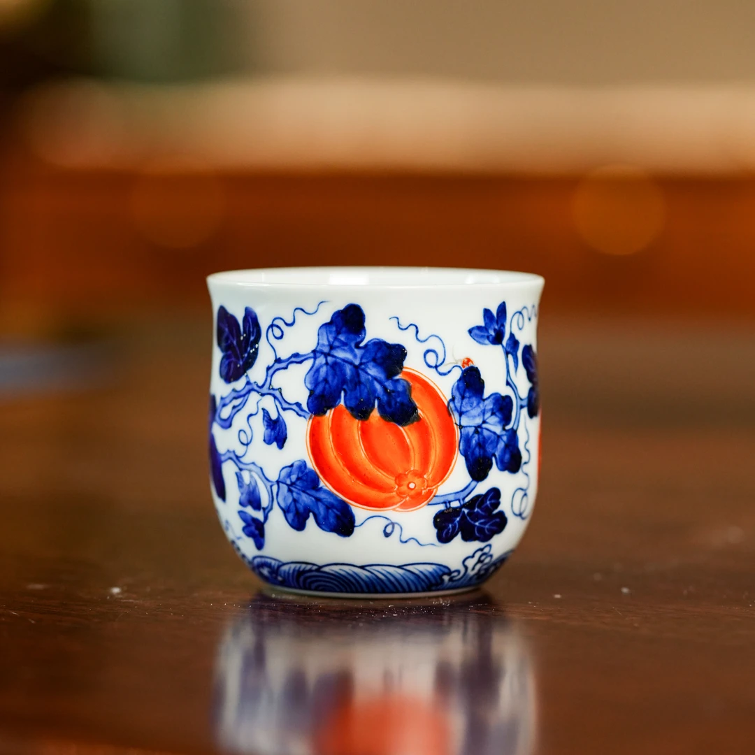 【小乔赏瓷】景德镇手工手绘柴窑矾红瓜瓞连绵束腰杯moshe907.