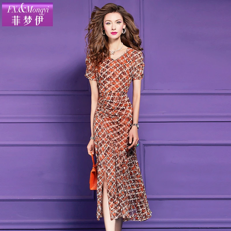 菲梦伊原创印花连衣裙女短袖夏装法式轻熟褶皱收腰开叉裙子63389