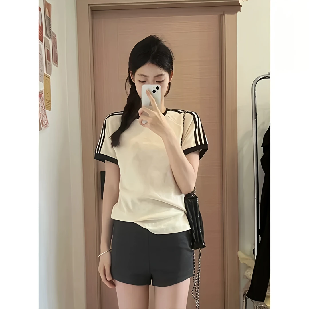 韩系辣妹三条杠圆领修身短袖t恤女纯棉夏季ins风潮流正肩短款上衣