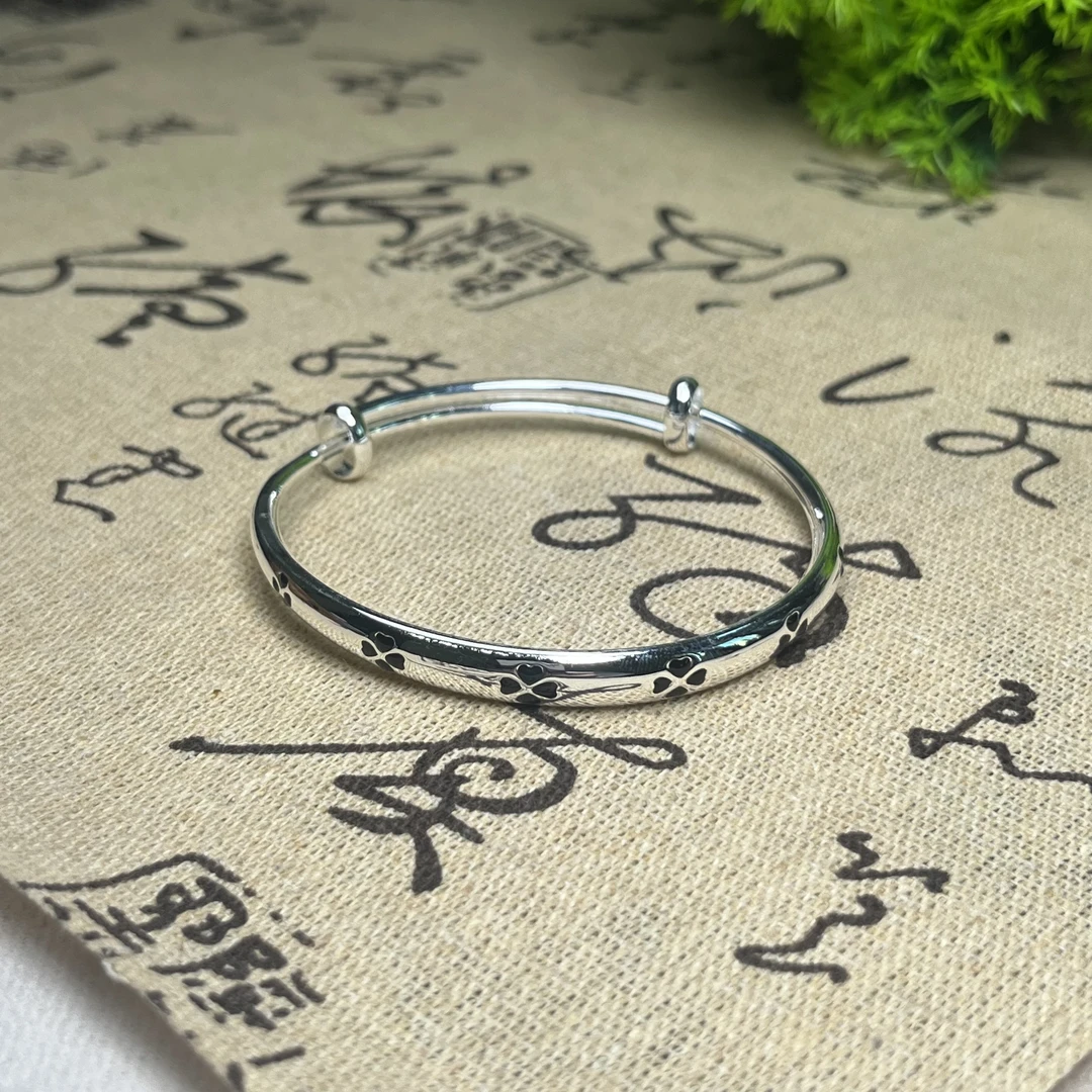 足银手镯 A121足银手镯9999幸运草推拉银手镯简约气质生日礼物