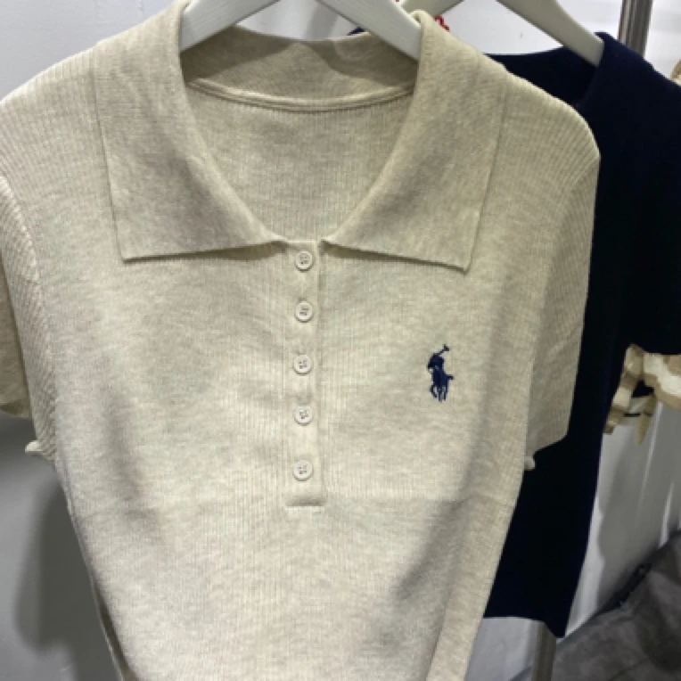 POLO领翻领短袖纯色毛针织衫薄款时尚休闲条纹针织衫