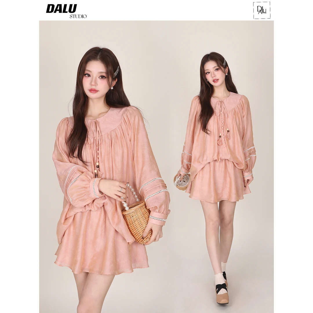 DALU 2月  早春假日！镂空花边拼接娃娃衫+半裙 套装