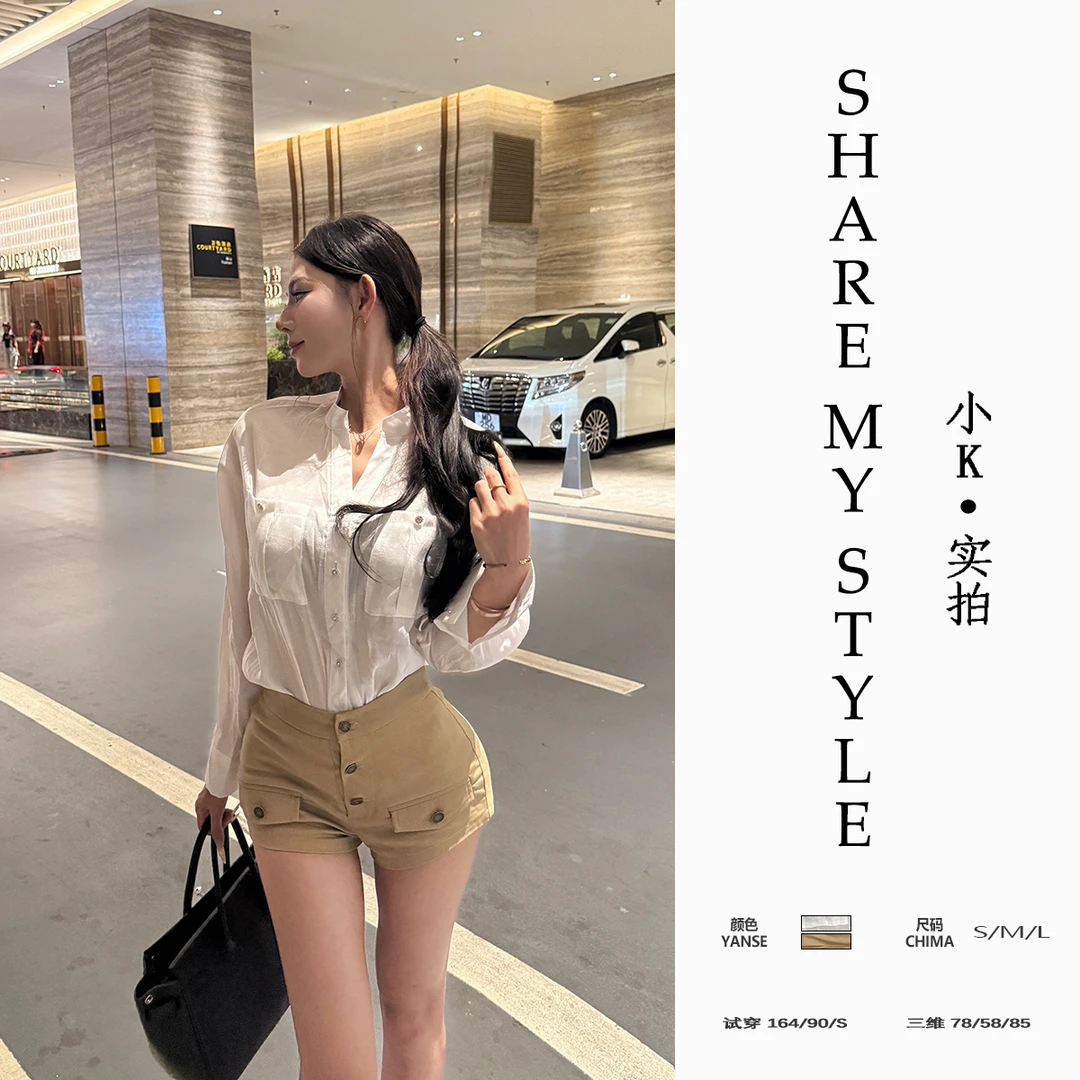 【XXIAOK】气质纯欲风性感白色衬衫百搭上衣高腰显瘦辣妹短裤二件套