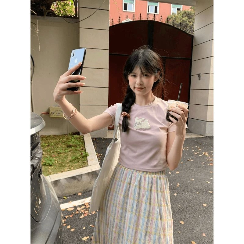 小清新半裙裙子百褶裙复古元气少女减龄穿搭套装女夏季2024恤