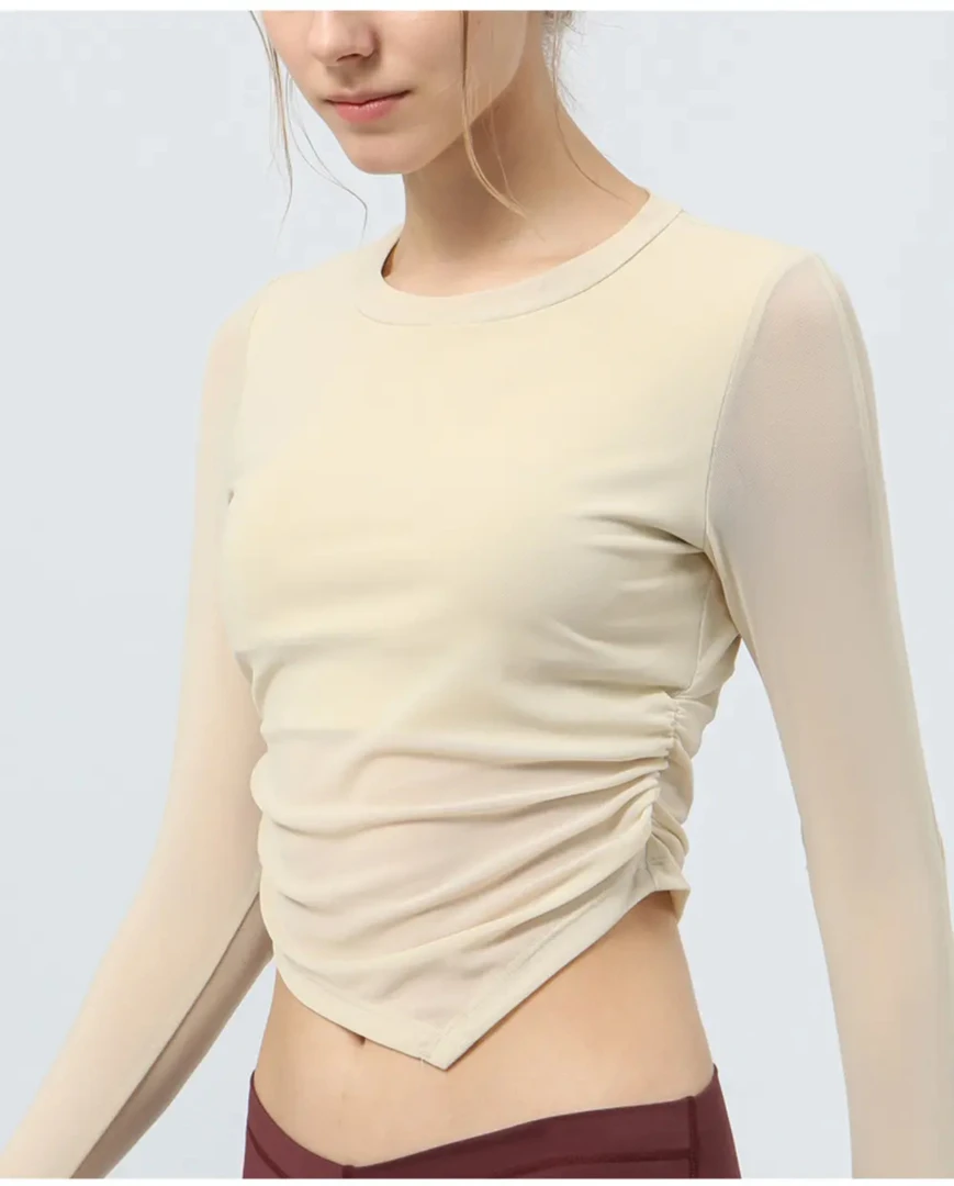 夏季新款网纱拼接瑜伽服上衣女自带内衬胸垫不规则褶皱长袖健身服