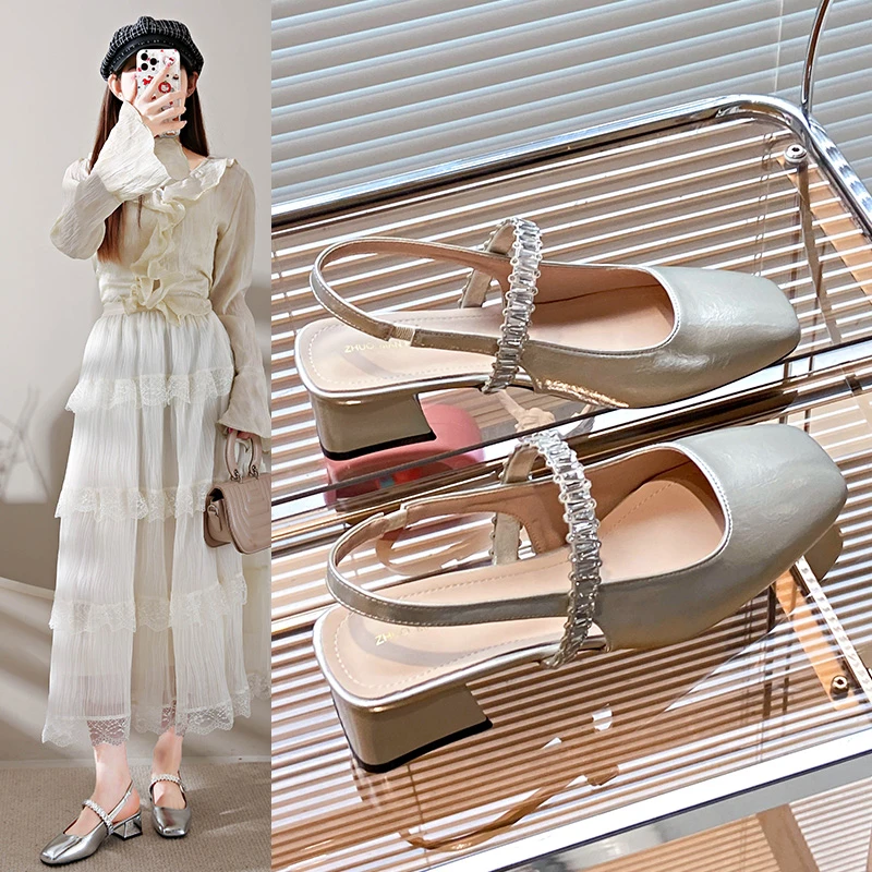 绝美方头粗跟包头凉鞋女2025夏外穿新款高级仙女配裙子高跟单鞋女