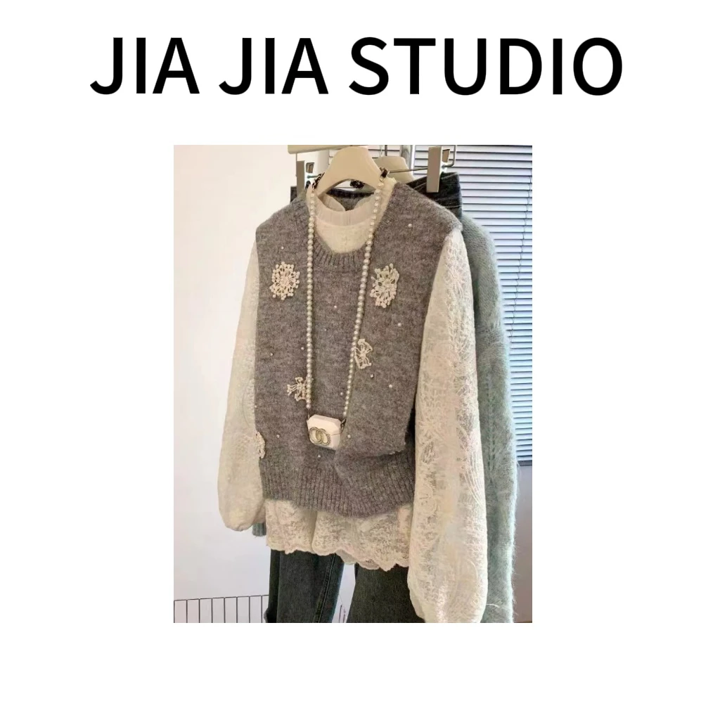 嘉嘉推荐 #888款【重磅定制 韩系针织两件套】立体花朵蕾丝衫两件套