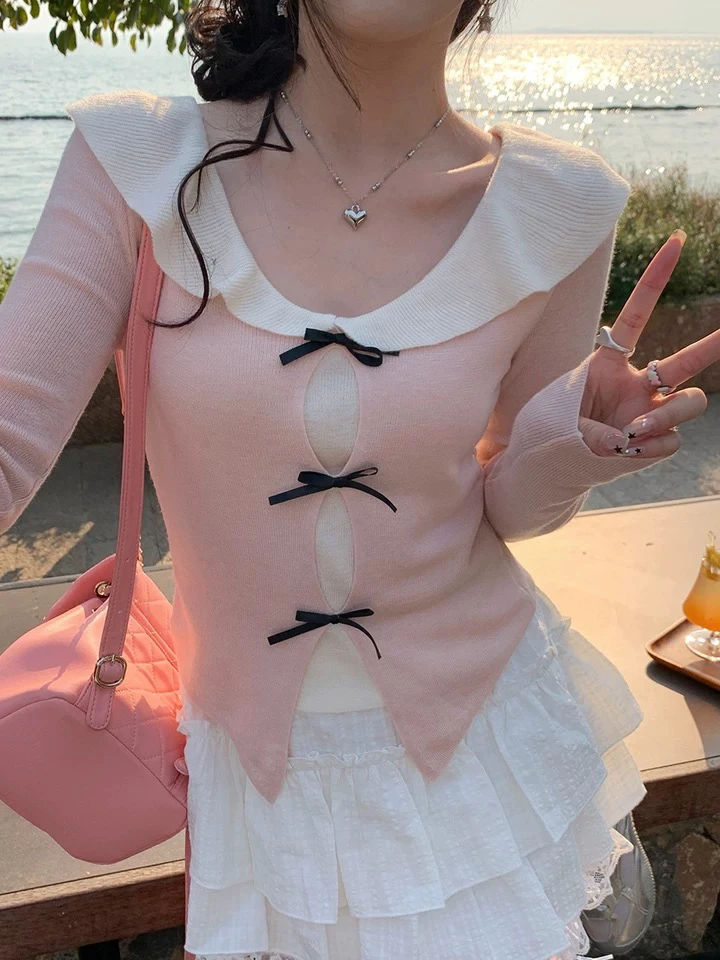 UM 桃夭 甜美荷叶边针织上衣