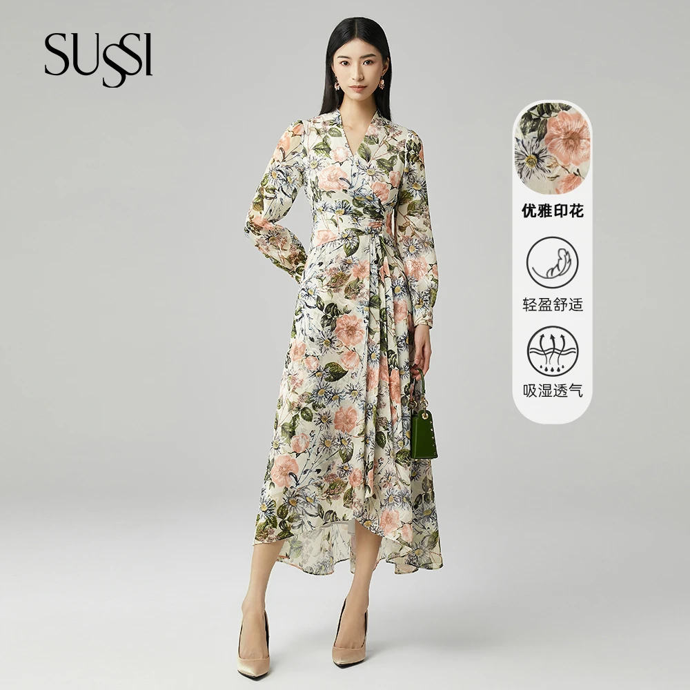 SUSSI/古色【秋风落叶】时尚烧花绿色立领无袖复古碎花连衣裙女