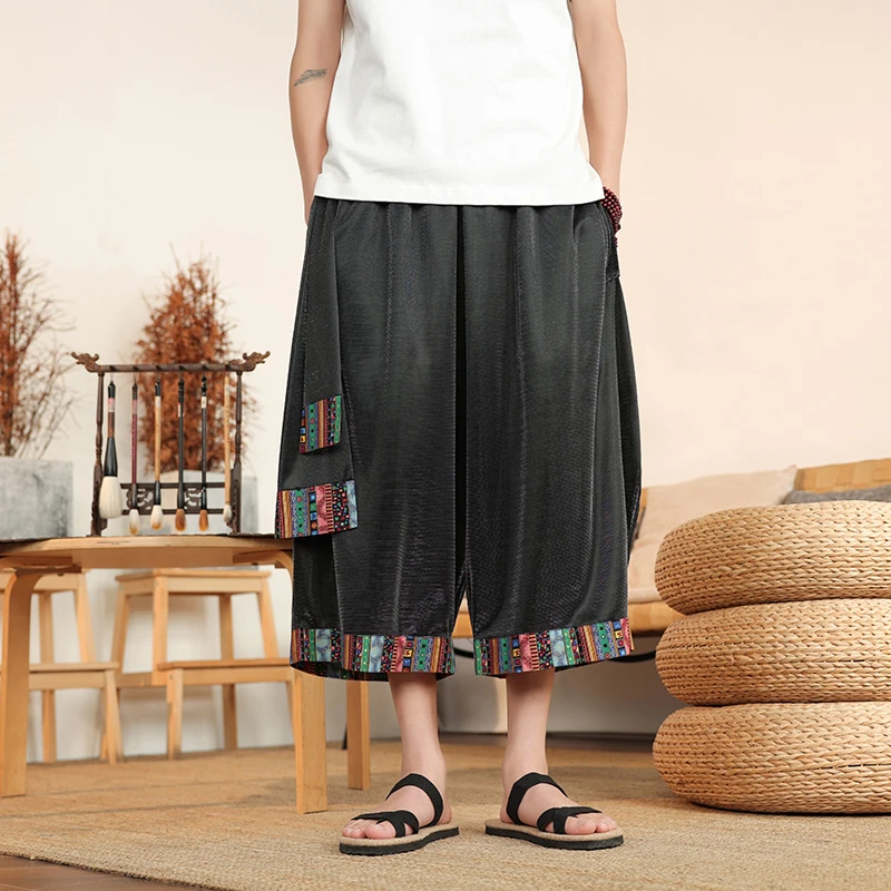 冰丝凉感速干沙滩裤男夏季大码胖子直筒七分裤民族风宽松运动短裤