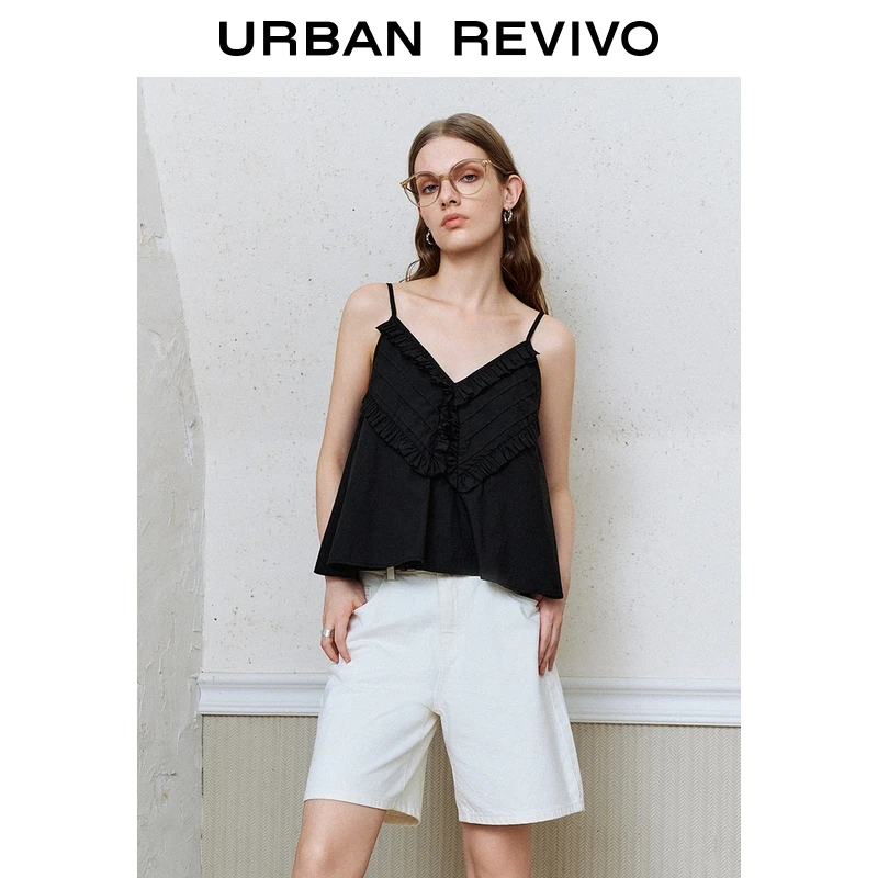 UR2025秋季新款女装休闲少女感花边装饰V领吊带衫UYY250055+