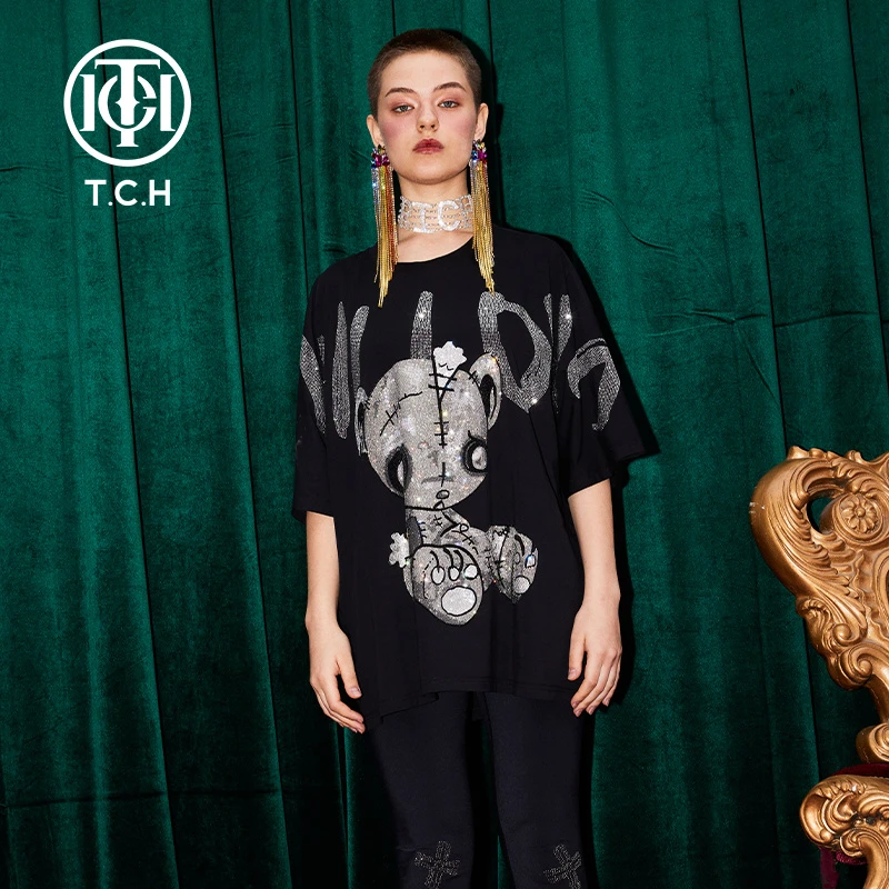 TCH服饰潮牌21新款补丁玩偶烫钻时尚百搭重磅黑色T恤T214106002
