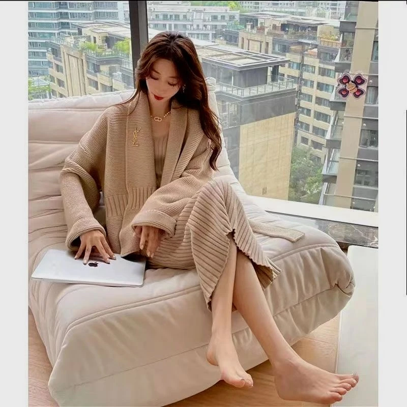 韩国时尚慵懒设计感毛衣套装系带针织开衫外套女V领连衣裙两件套