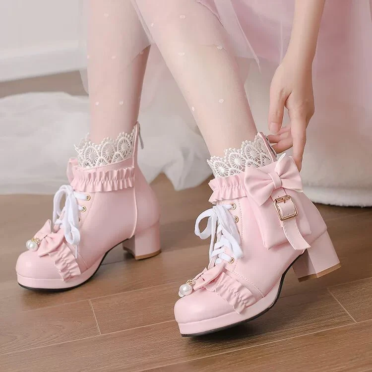 粉色洛丽塔女童靴子粗高跟短靴秋冬新款小女孩儿童马丁靴学生棉靴
