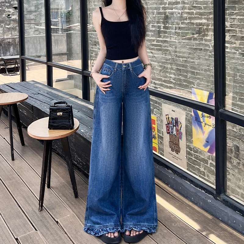 黑色木耳花边阔腿牛仔裤女2025秋季新款高腰宽松显瘦时尚拖地裤潮