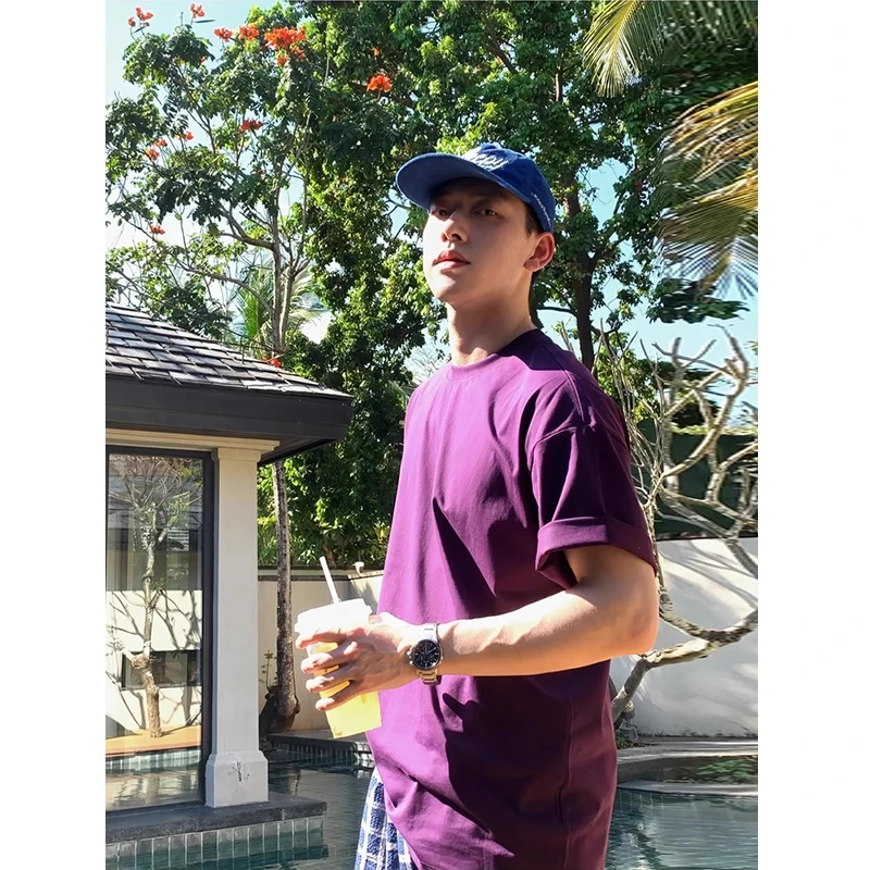 深紫色基础款正肩t恤男夏季精梳棉小领口短袖美式廓形重磅半截袖