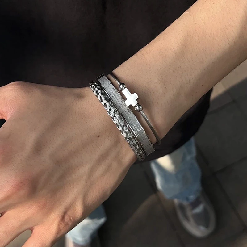 钛钢手镯 欧美银色罗马数字手链男轻奢小众叠戴手环时尚气质手饰