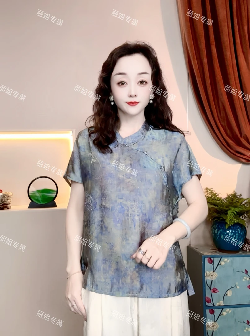 2025新款高端优雅印花盘扣短袖上衣小衫15583