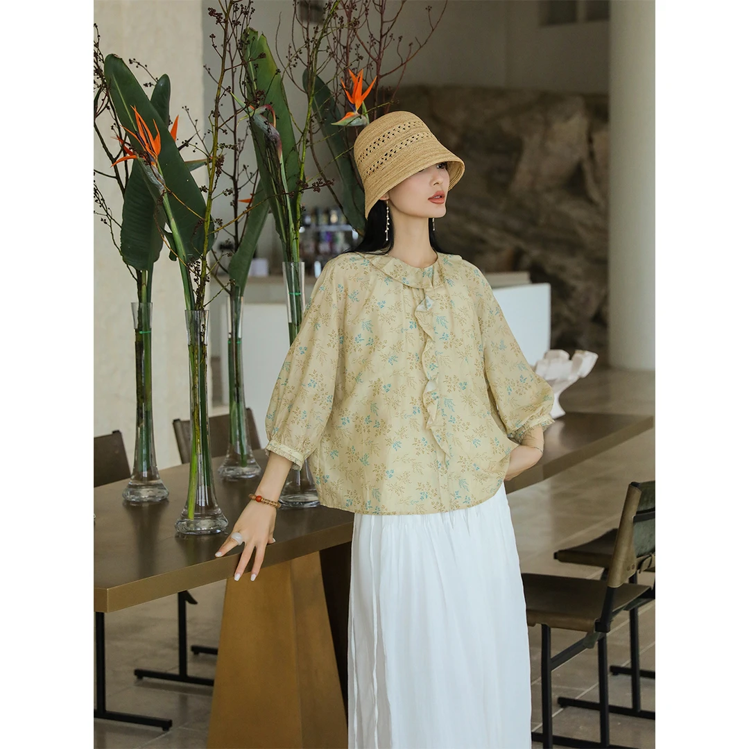 麻霖轻薄款植物叶片印花杏黄温润感桑蚕丝棉混纺木耳边短款衬衫