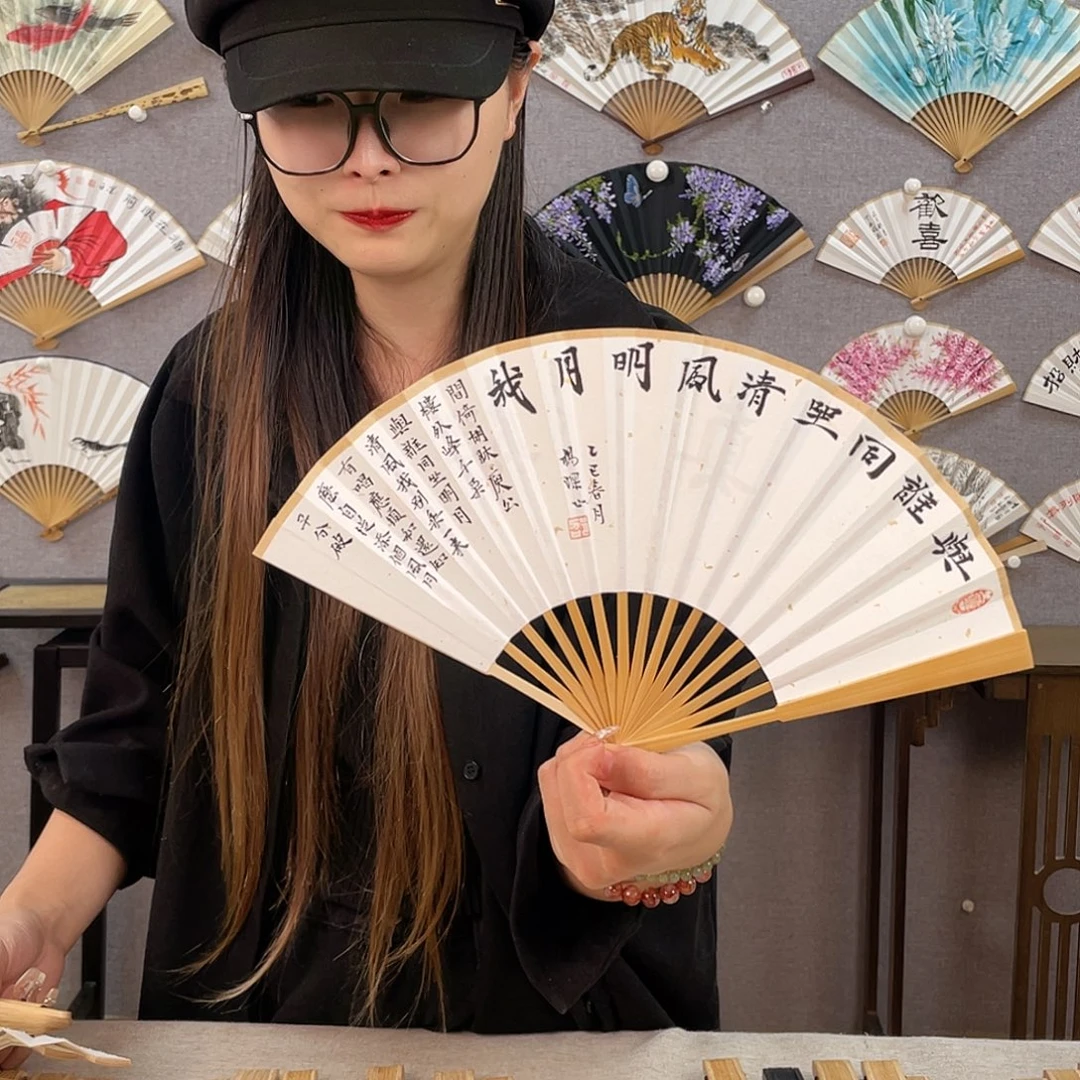 国画6寸玉竹-纯手绘-文玩扇骨（默认粘好）