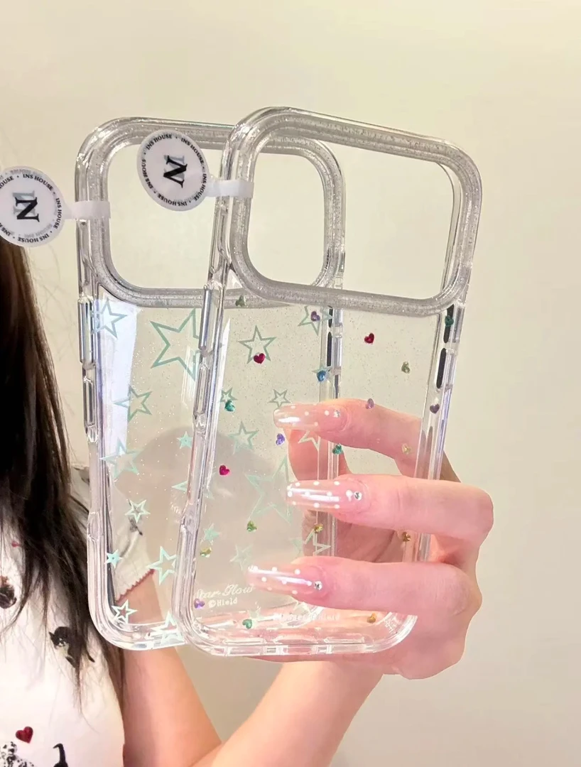 ins简约满屏彩钻小爱心圆边双层苹果17promax/16/15/14防摔手机壳