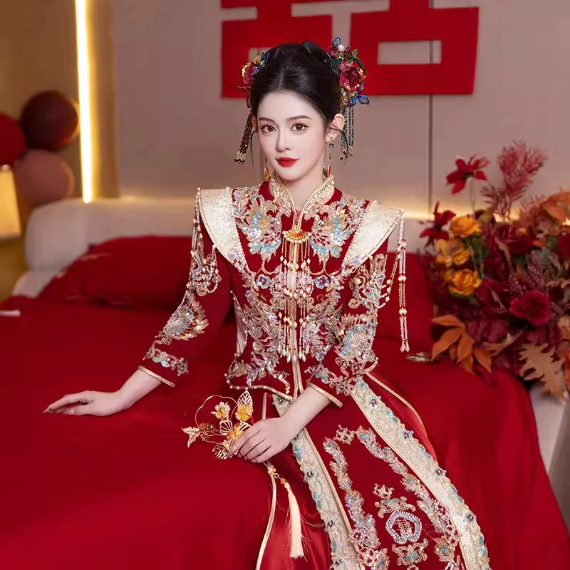 秋冬丝绒秀禾服婚服新娘2025新款结婚礼服小个子中式嫁衣重工高级
