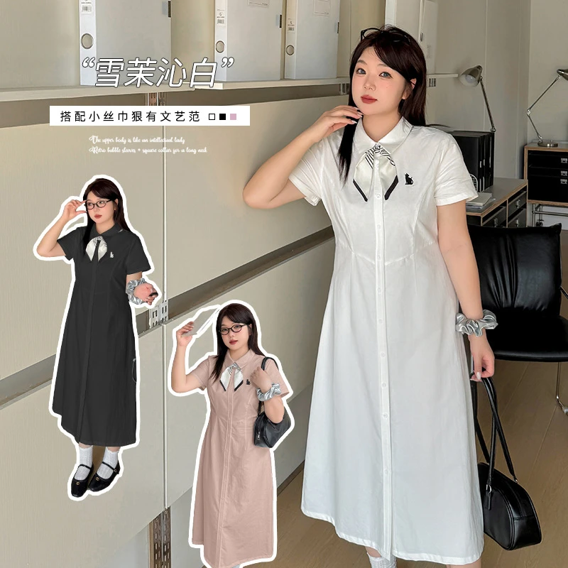 伊诺大码女装法式设计感丝巾衬衫裙2025夏新款收腰连衣裙222198