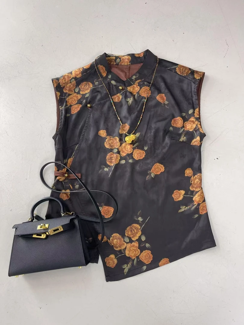 2025年夏季新中式国风黄玫瑰印花无袖背心1312