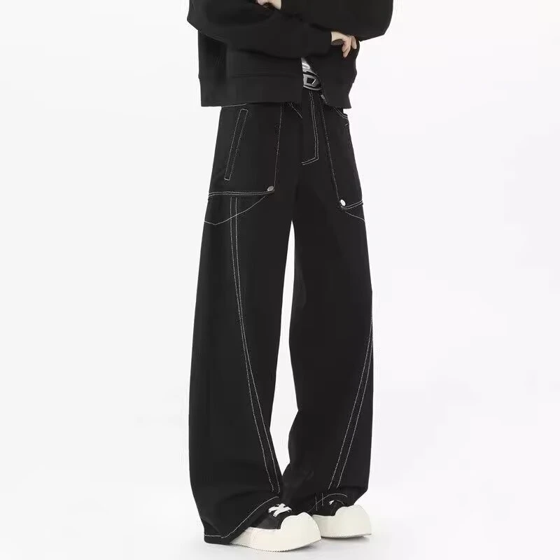 2025新款美式复古明线设计直筒牛仔裤男女同款小众宽松拼接长裤子