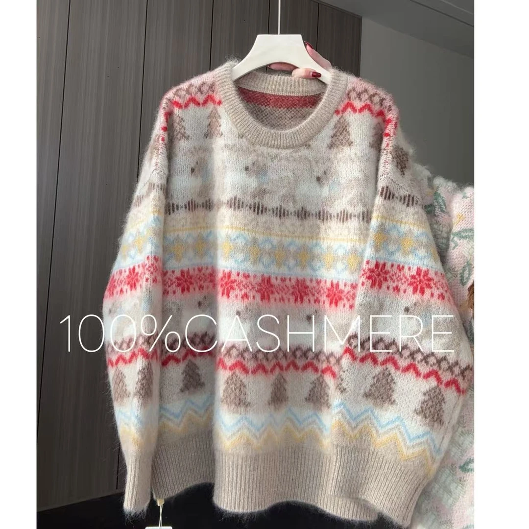 【百分百山羊绒】255671秋冬拉绒款费尔岛小狗提花款圆领羊绒衫时尚