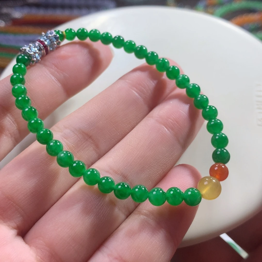 翡翠未镶嵌手链翡翠冰底色标级*冰阳绿卡4～6+