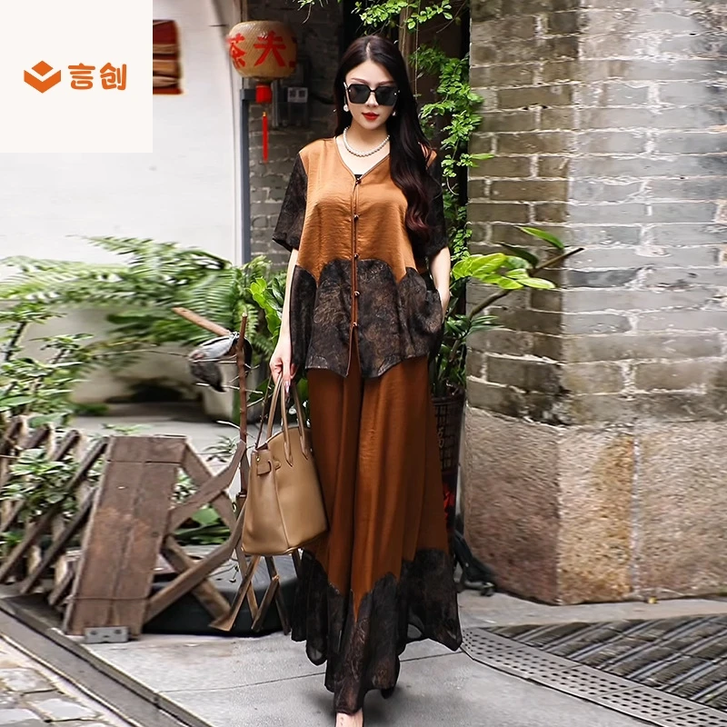 426高端气质女装夏国风文艺气质拼接蕾丝套装女高级感宽松两件套