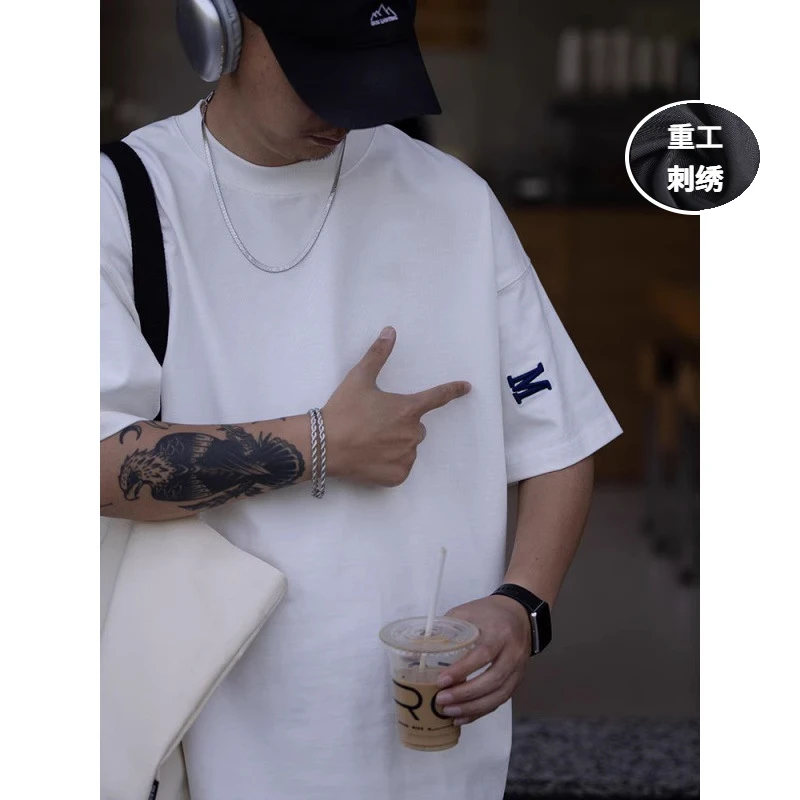顶瓜瓜特大码300斤美式街头刺绣设计感t恤衫男女夏季宽松显瘦上衣