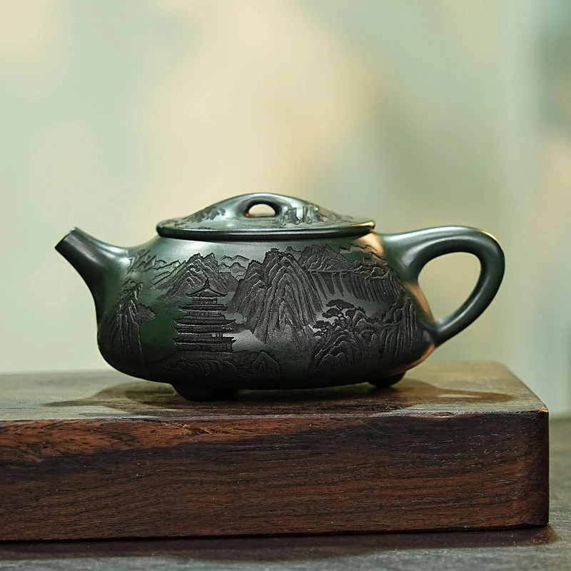 【2247石瓢壶】宜兴原矿紫砂手工刻绘观山 石瓢壶紫砂壶