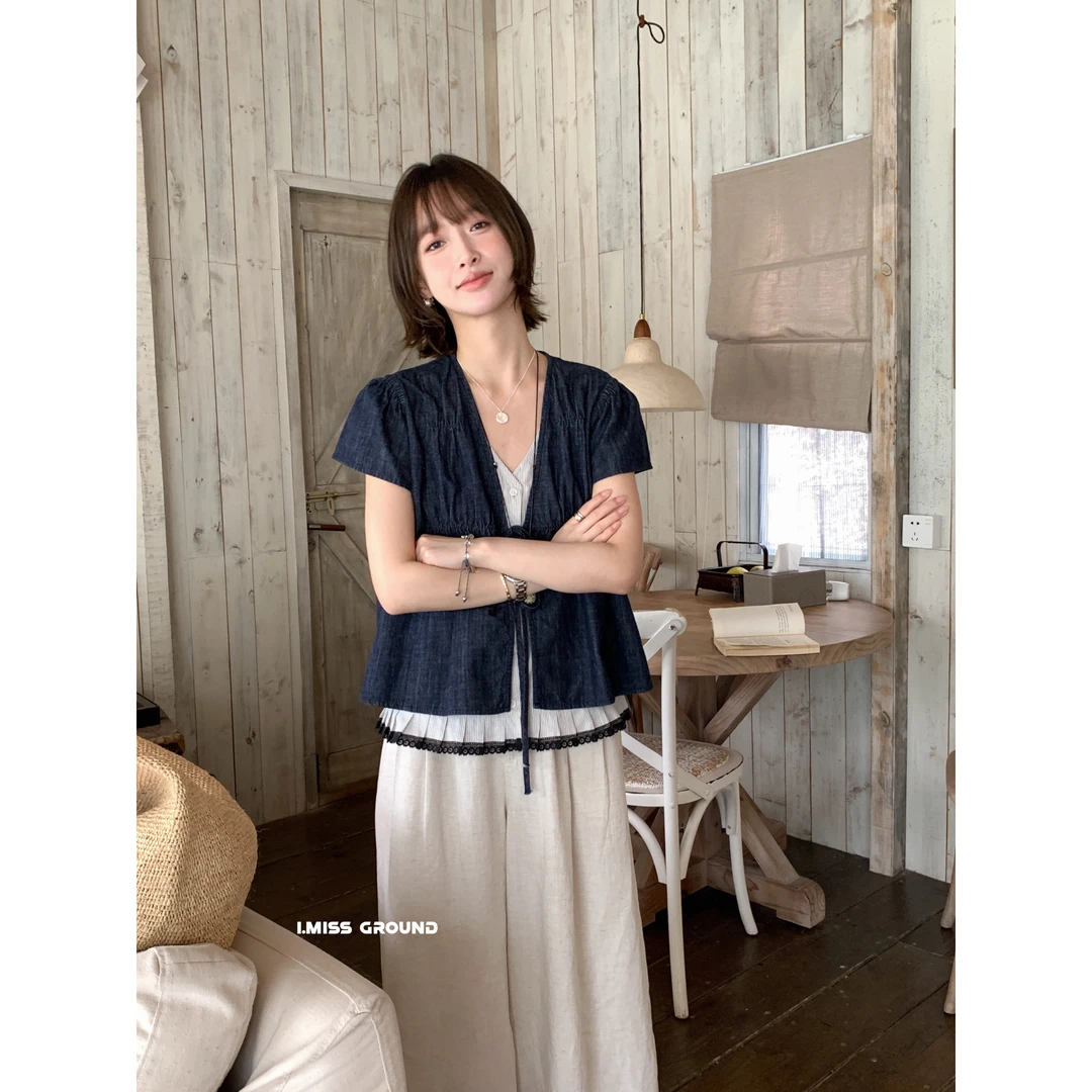 80685#气质氛围感直接拿捏~假两件复古百搭牛仔上衣