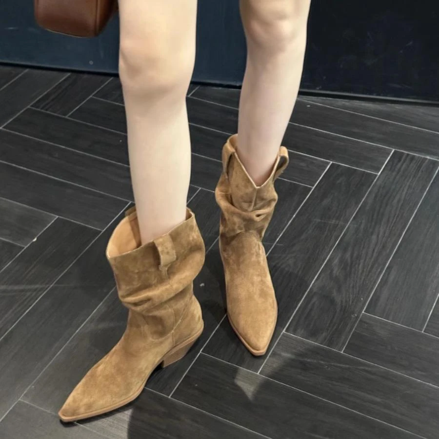 【万达撤柜】牛皮版~尖头短靴女瘦瘦靴子堆堆靴新款粗跟时尚美拉