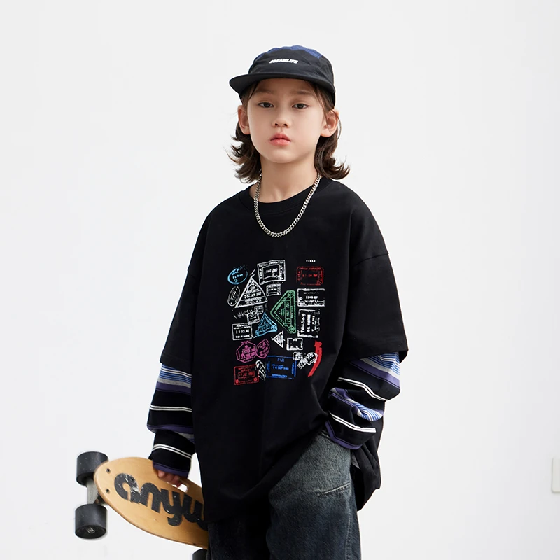 男童秋季韩范假两件条纹长袖t恤2025新款青少年儿童运动宽松上衣