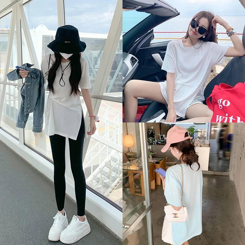 曾小咸 韩版不规则短袖上衣开叉女夏季宽松显瘦套头T恤Z241TY0951