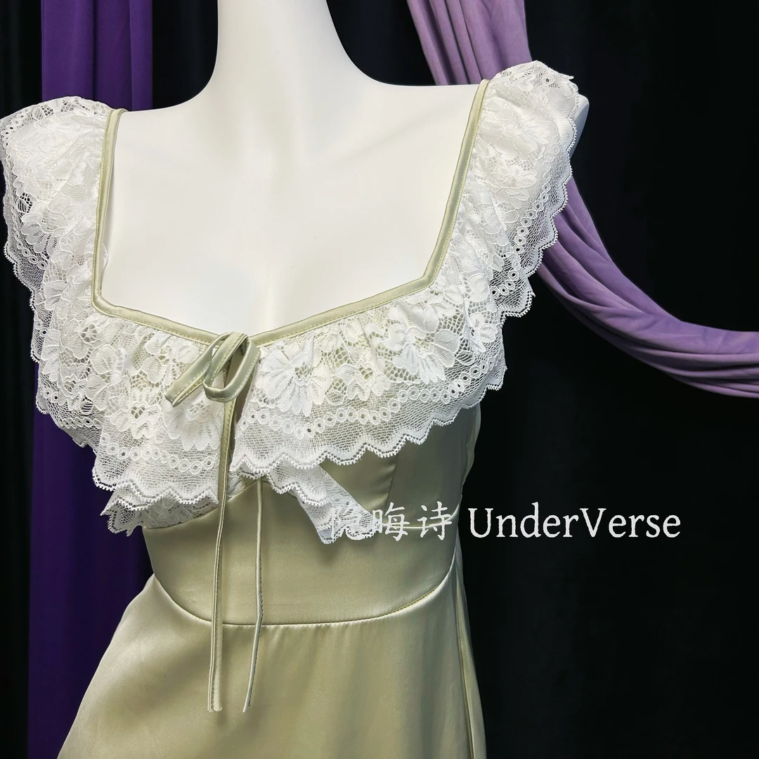 隐晦诗-［青苹果］法式带胸垫蕾丝拼接高级感优雅露背睡裙连衣裙