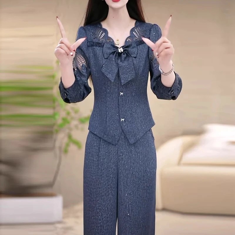 阔太太V领九分袖两件套女2025年新款轻奢高档妈妈春夏阔腿裤套装