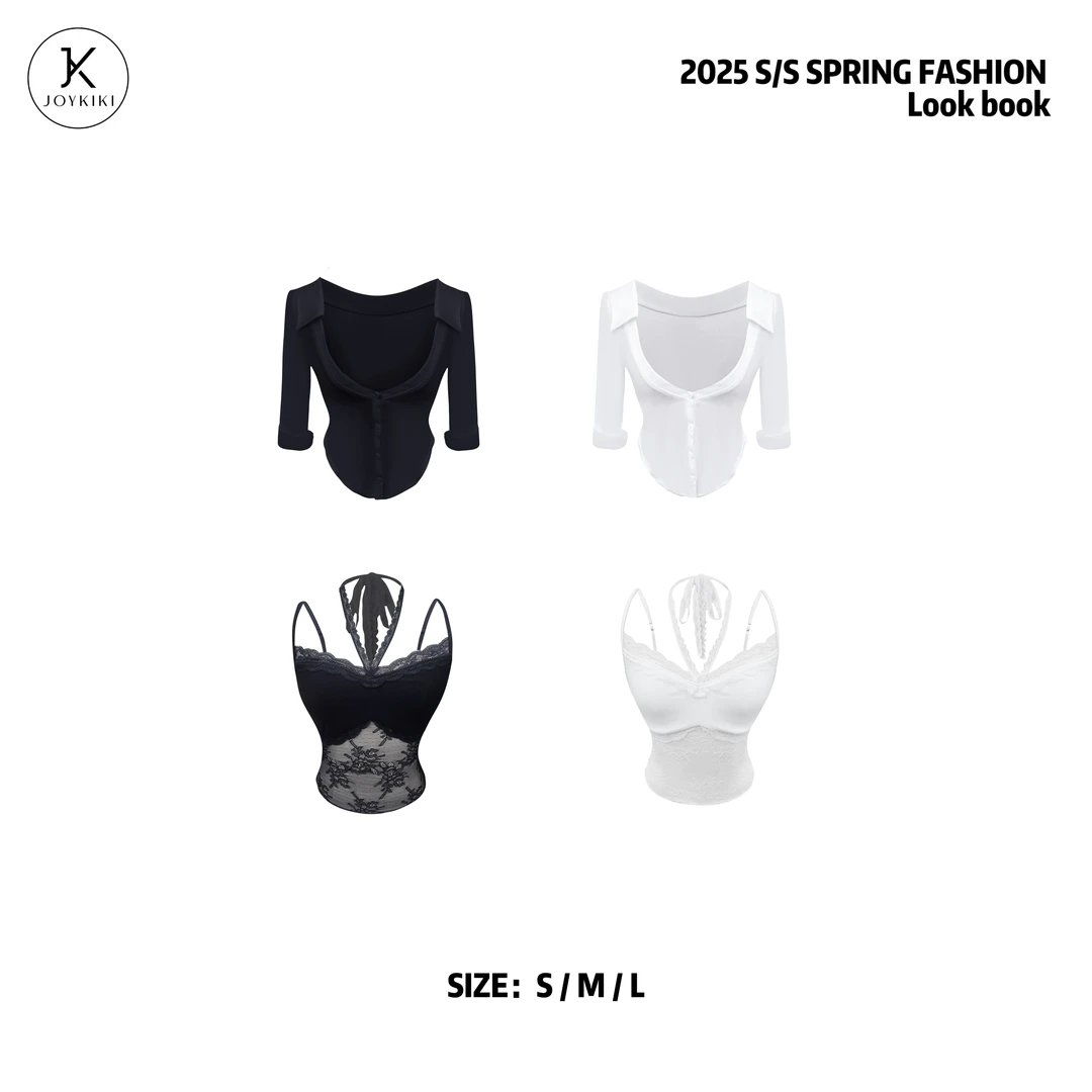 JOY KIKI金金【古早御姐】夏季弹力收腰显瘦蕾丝上衣 J25C073