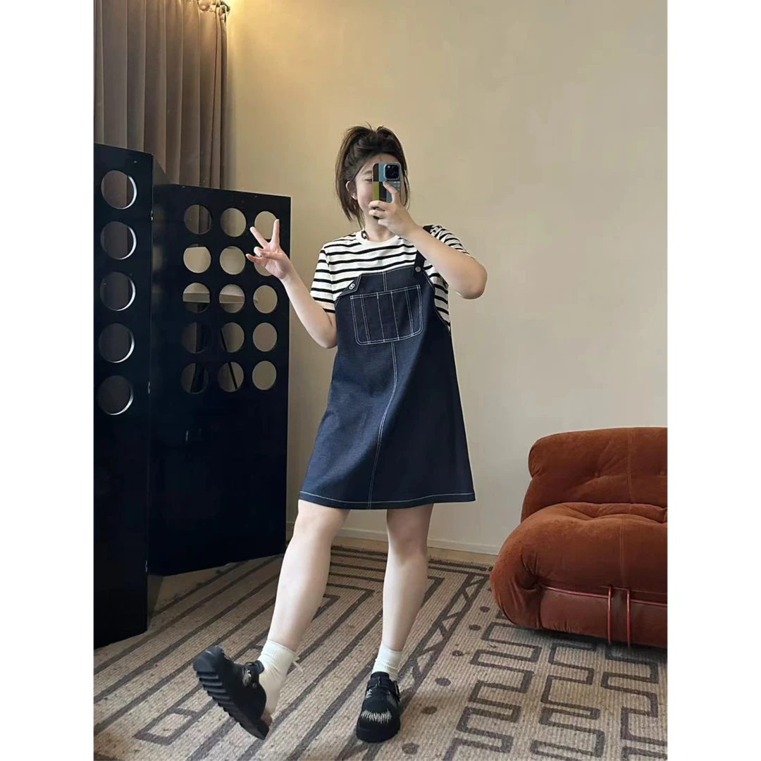 【环岛日记】时尚韩系百搭休闲拼接假两件宽松背带小长裙连衣裙