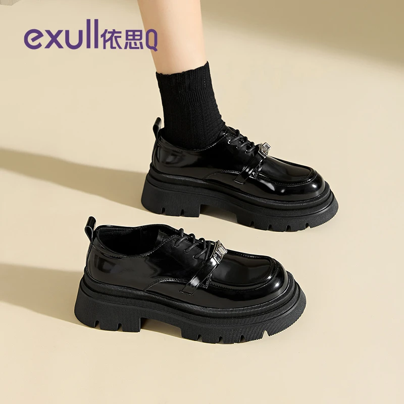 依思Q厚底乐福鞋女2025春季粗跟系带英伦风百搭黑色jk小皮鞋单鞋