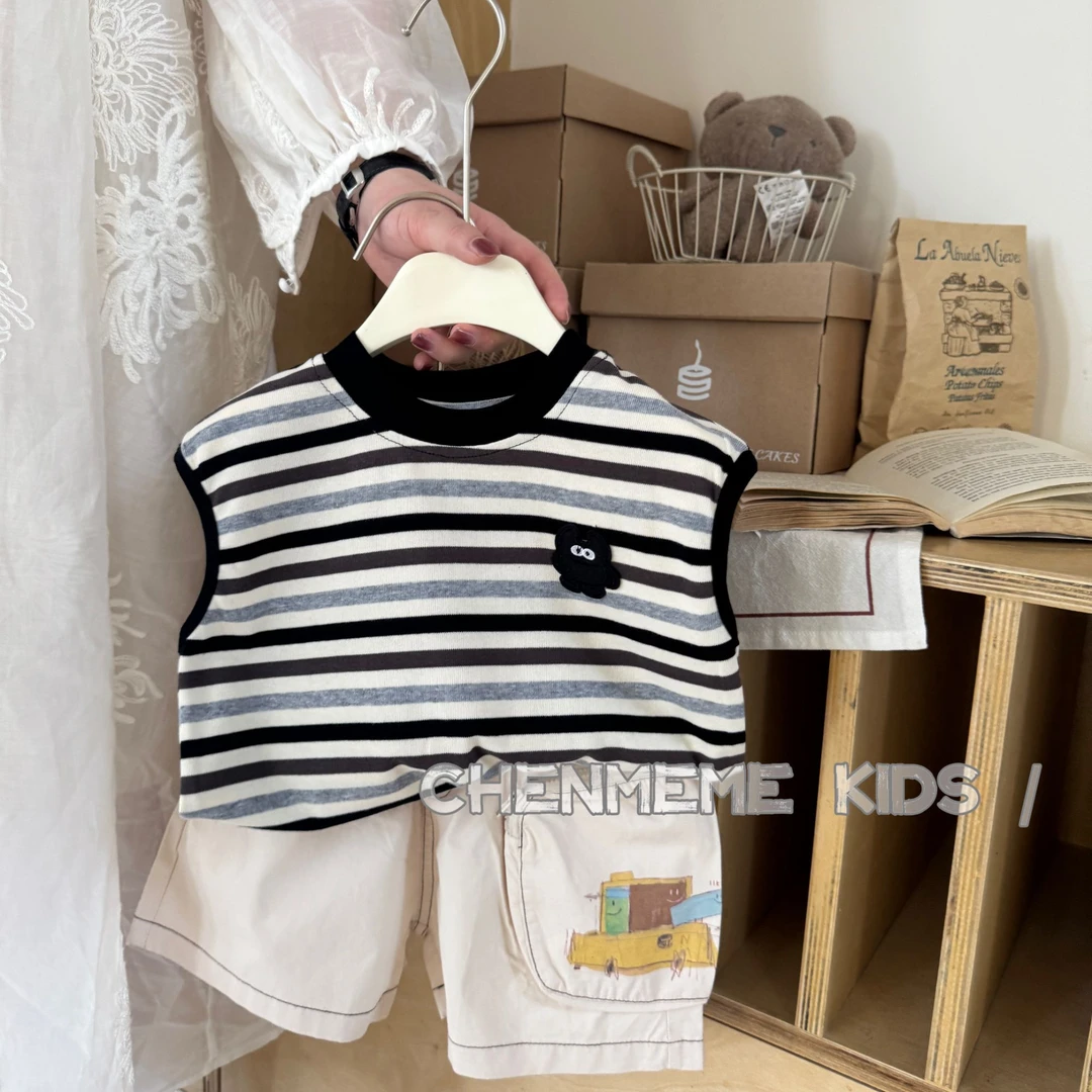 【陈么么】男童夏季新款经典条纹韩版潮流时尚高级感满满男童套装